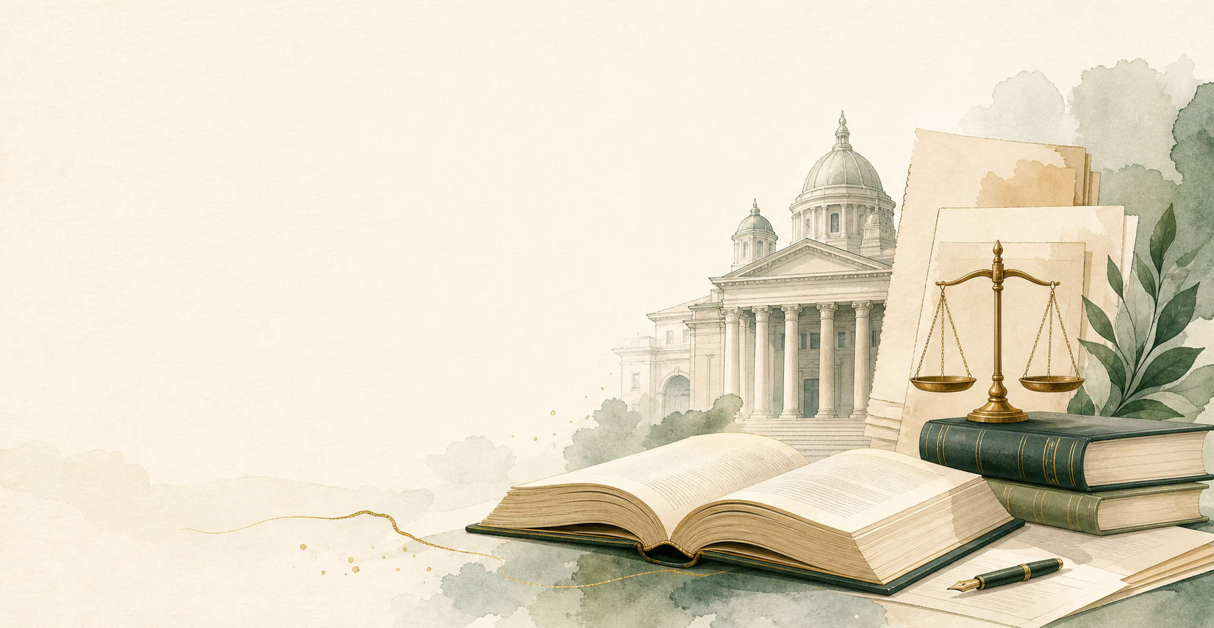 Ilustrasi buku undang-undang, timbang keadilan dan bangunan institusi